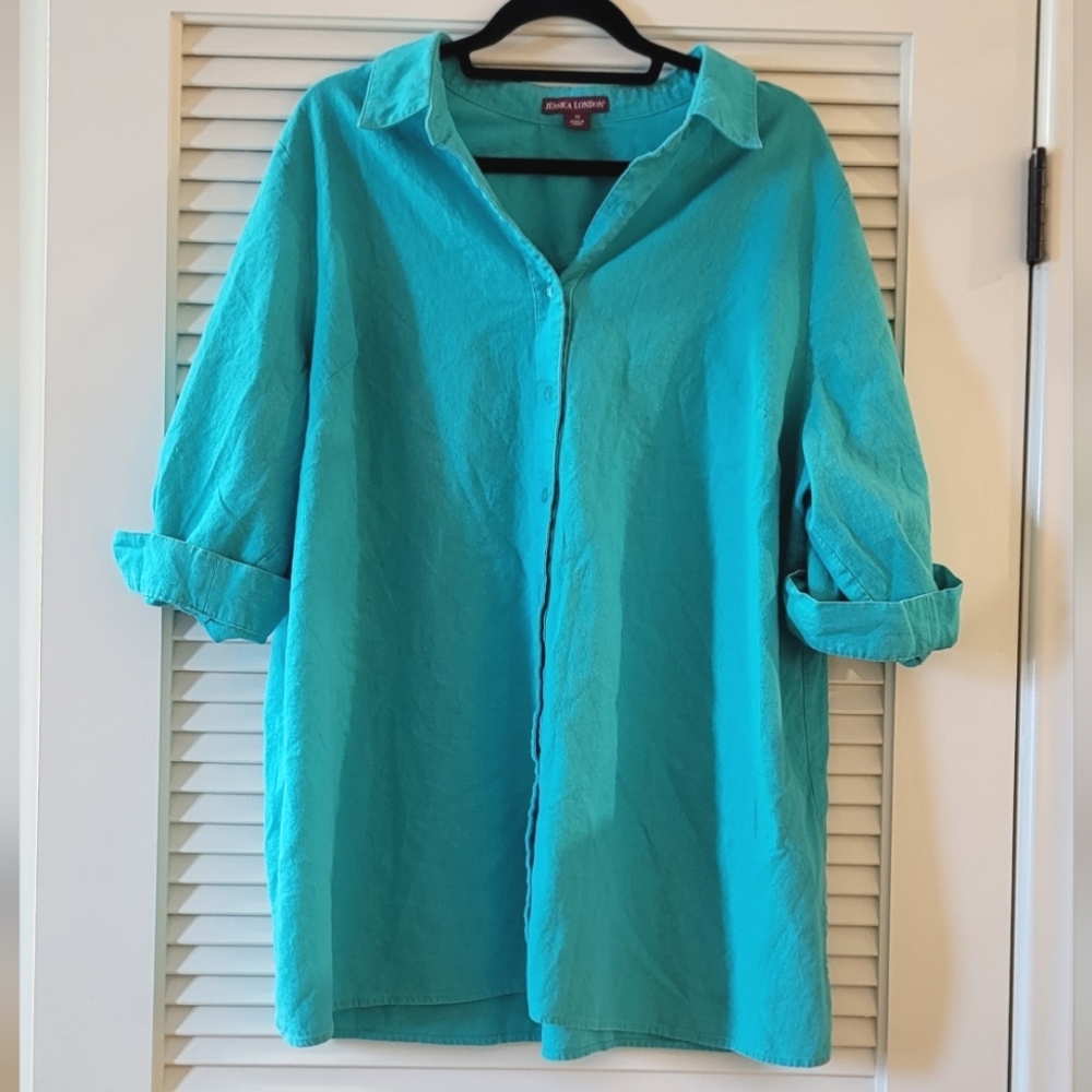 Jessica London - (Plus-Size) Teal Button Down Shirt With Cuffed-Sleeves